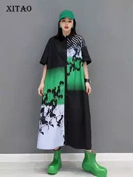 XITAO повседневное платье-рубашка с принтом, асимметричное, контрастное, простое, с отложным воротником, женское, новое, летнее, WMD4675