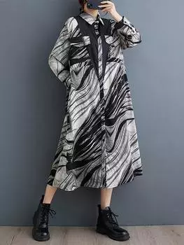 XITAO принт повседневное платье-рубашка с длинным рукавом индивидуальное пэчворк утягивающее свободное модное универсальное осеннее женское платье ZY8888 One Size чёрный