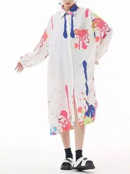 XITAO повседневное платье с длинным рукавом свободное модное простота контрастного цвета с принтом женское новое DMJ2731 One Size чёрный