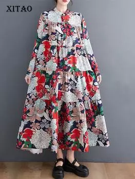 XITAO повседневное платье с длинным рукавом и принтом модное женское платье DMJ2359 One Size жёлтый