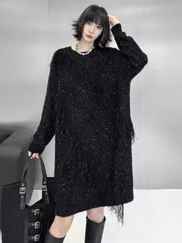 Xitao Повседневное платье с кисточками и круглым вырезом GYX1701 One Size чёрный