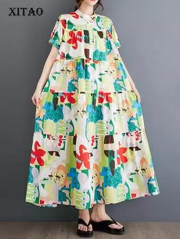 Xitao Повседневное платье с коротким рукавом и воротником-стойкой, свободное модное женское платье HQQ2350 One Size