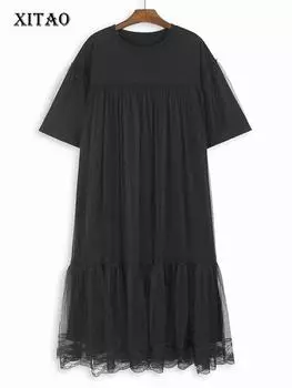 XITAO повседневное платье с круглым вырезом и коротким рукавом, сетчатое платье LYD1855 One Size чёрный