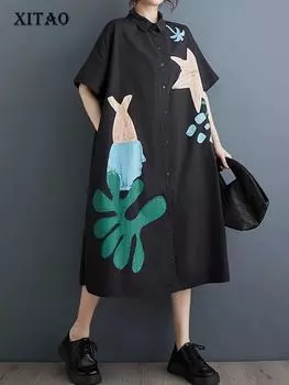 XITAO повседневное платье с принтом и отложным воротником с коротким рукавом женское платье LYD1761