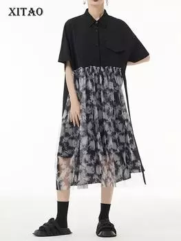 XITAO Повседневное платье с принтом в стиле пэчворк, женское модное свободное платье с отложным воротником HQQ0371 One Size чёрный