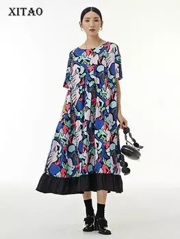 XITAO повседневное платье с принтом женское индивидуальное модное свободное платье до середины икры с круглым вырезом и коротким рукавом ZY7552 One Size зелёный