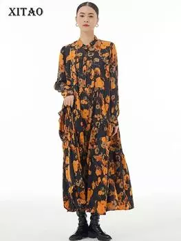 XITAO Повседневное платье с воротником-стойкой и принтом, модное женское платье с длинными рукавами DMJ3422