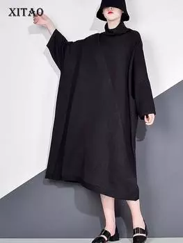 XITAO повседневное платье с воротником-водолазкой женский однотонный пуловер с рукавами «летучая мышь» GCC4008 One Size чёрный