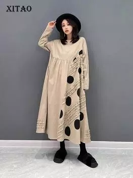 XITAO повседневное платье свободное модное асимметричное платье в горошек с длинными рукавами женское WLD8699
