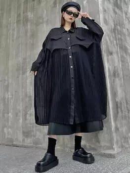 Xitao Повседневное платье в стиле пэчворк с отложным воротником и складками ZYY1009 One Size чёрный