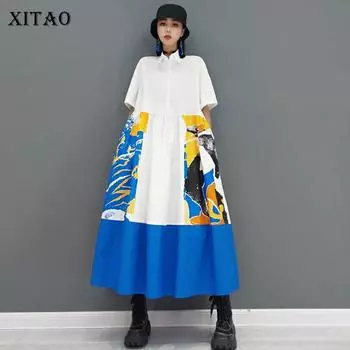 XITAO Повседневное платье в стиле пэчворк с принтом, женское модное новое элегантное драпированное платье с отложным воротником и короткими рукавами CLL1453 One Size белый