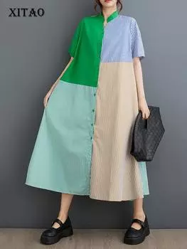 Xitao Повседневное полосатое платье контрастного цвета для женщин ZY8805 One Size белый