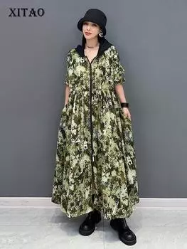 XITAO Повседневное солнцезащитное платье с капюшоном и принтом, с длинным рукавом для женщин ZY8795 One Size зелёный