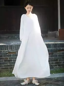 Xitao Повседневное свободное однотонное винтажное платье с круглым вырезом ZYY1043 One Size белый