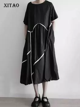 Xitao Повседневное свободное платье с неровными складками, яркая отделка, сращивание подола, летнее новое простое женское платье с круглым вырезом WMD7034 One Size чёрный