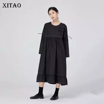XITAO повседневное свободное платье со складками на шнуровке WMD2745 One Size чёрный