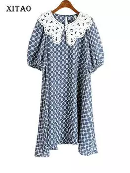 XITAO повседневное свободное женское платье с короткими рукавами и воротником Питера Пэна ZP1572 One Size синий