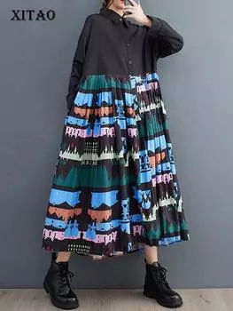 XITAO повседневное свободное женское платье с длинным рукавом и принтом HQQ1473