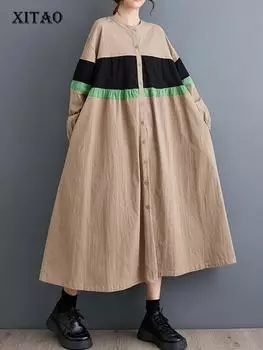 XITAO повседневное женское лоскутное платье с длинными рукавами DMJ2406 One Size чёрный