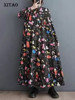 XITAO повседневное женское платье с длинным рукавом и воротником-стойкой HQQ2005 One Size чёрный