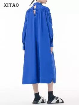 XITAO повседневное женское платье с длинными рукавами и открытыми складками DMJ2729 One Size чёрный