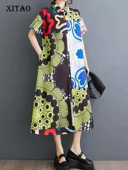 XITAO повседневное женское платье с нерегулярным принтом с коротким рукавом, свободное модное однобортное летнее женское платье DMJ4098