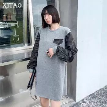 XITAO повседневное женское платье-свитер осеннее новое корейское лоскутное платье в полоску с круглым вырезом свободное мини простота модное WMD3617 One Size чёрный