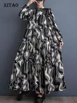 XITAO повседневное женское платье в полоску с длинными рукавами и воротником-стойкой DMJ3571