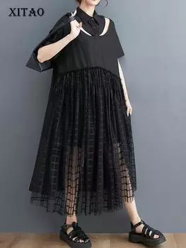 XITAO Лоскутное повседневное женское платье с коротким рукавом WLD11788 One Size чёрный