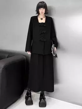 XITAO повседневные комплекты платьев с длинными рукавами, квадратным воротником и эластичной талией GMM1037 M чёрный