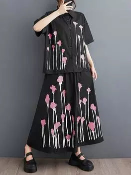 Xitao Повседневные комплекты платьев с контрастным цветным принтом, короткий рукав, рубашка, топ, юбка, комплекты из двух предметов, летние новые свободные повседневные женские DMJ4166