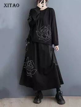 XITAO повседневные комплекты с черным платьем, модный свободный топ, юбка, комплекты из двух предметов, асимметричная завязка, DMJ3107 One Size чёрный