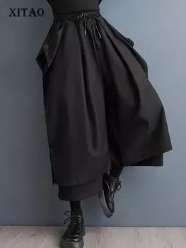 XITAO повседневные свободные брюки длиной до икры с эластичной резинкой на талии, лоскутные однотонные широкие брюки ZZ0281 One Size чёрный