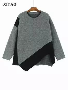 XITAO повседневные вязаные пуловеры, индивидуальный асимметричный контрастный цвет, простой женский свитер DMJ3156 One Size коричневый