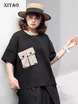 XITAO повседневные женские футболки контрастного цвета, свободные топы HQQ2338
