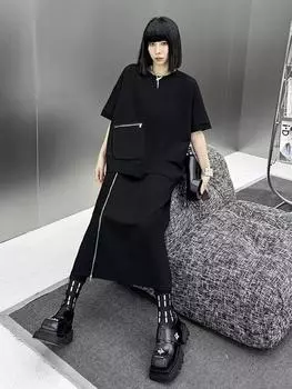 XITAO Повседневный А-силуэт однотонный комплект в стиле пэчворк с застежкой-молнией GMM1040 XL чёрный