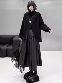 Xitao Повседневный однотонный свободный свитер с длинными рукавами GMM1048 One Size чёрный