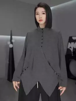 XITAO Повседневный однотонный женский топ с длинным рукавом и воротником-стойкой, нестандартная модная осенняя футболка GJ1123 M серый