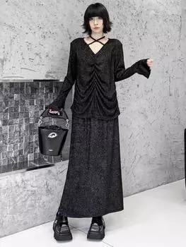 Xitao Повседневный свободный комплект с эластичной талией, V-образным вырезом и расклешенными рукавами GMM1050 M чёрный