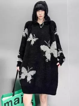 Xitao Повседневный свободный однотонный женский свитер с длинными рукавами GMM1006 One Size чёрный