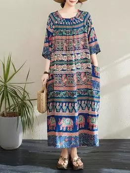 XITAO Print Floral O-neck Half Sleeve Dress ZMY1015 One Size синий