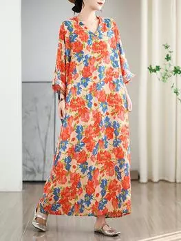 XITAO Print Floral V-neck Dress ZMY1024 One Size оранжевый