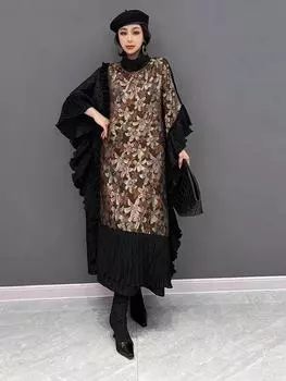 XITAO принт контрастного цвета пэчворк платья с рукавами «летучая мышь» LJ1091 One Size чёрный