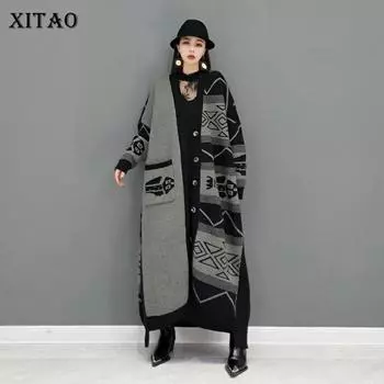 XITAO принт лоскутные свитера женские осенние Новое поступление индивидуальный модный свободный свитер с длинными рукавами кардиган GWJ0816 One Size коричневый