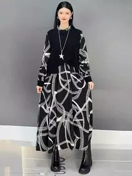 XITAO принт пэчворк пуловер женское платье LJ1094 One Size чёрный