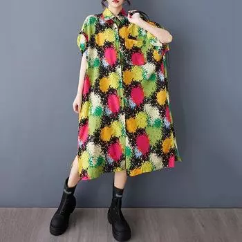 XITAO Print Shirring Pocket Turn-down Collar Dress GYX1616 One Size чёрный