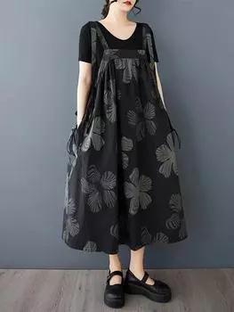 XITAO Print Straps Fold Flower A-line Dress GMM1327 One Size чёрный