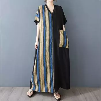 XITAO Print Stripe Contrast Color Pocket Dress ZMY1032 One Size чёрный