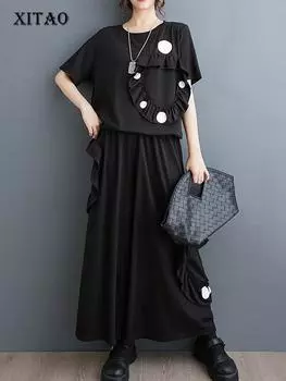 XITAO принт топ свободные повседневные широкие брюки комплект из двух предметов новый женский WLD20187 One Size чёрный