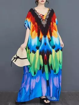 XITAO Print V-neck Batwing Sleeve Contrast Color Dress GYX1515 One Size синий